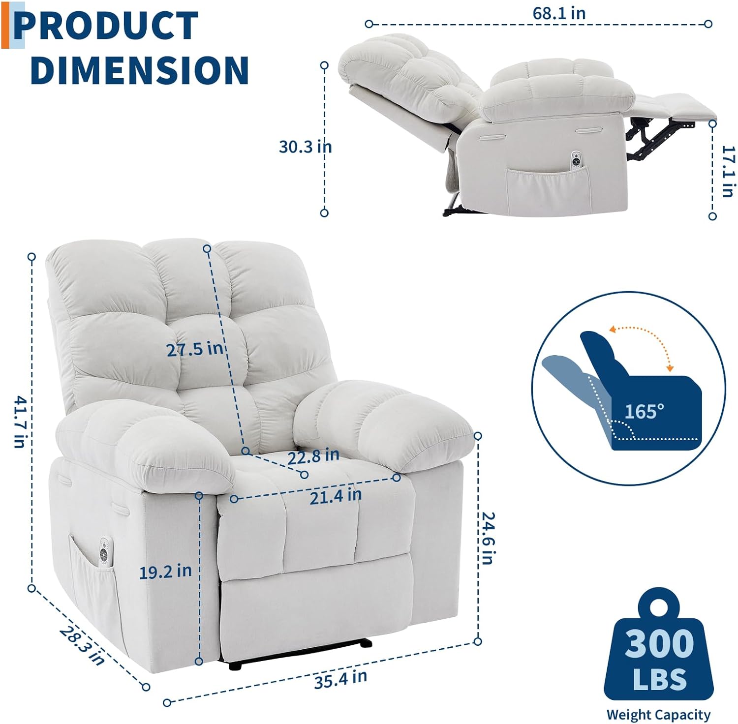 Garvee Recliner Chair with Massage and Heat, Single Sofa Wide Recliner Chair, Heat Ergonomic Overstuffed Breathable Fabric Reclining Chair with 2 Side Pockets, Remote Control, Living Room, White