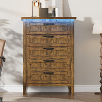 Garvee 5 Drawer Dresser for Bedroom with Charging Station and LED Lights, Farmhouse 44.9" Tall Chest of Dresser with Large Storage for Living Room, Hallway & Entryway, Rustic Brown
