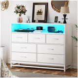 Garvee White Modern 7-Drawer Dresser with Charging Station & LED Lights, Wooden Storage Chest for Bedroom, Living Room - White