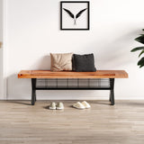 Garvee Outdoor Bench with Storage Basket, Outdoor Patio Acacia Wood Benches, Park Bench for Patio Porch, for Backyard, Garden, Lawn, Porch, Bedroom, Iron Feet, Teak Color - Teak