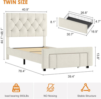 Garvee Spacious Storage Drawers Upholstered Platform Bed Frame - Twin Size - Sturdy-color -> Sturdy Wooden Slats - Sturdy Mattress Foundation - Easy Assembly - No Box Spring Needed - Offwhite -> Light Beige - TWIN Offwhite -> Light Beige