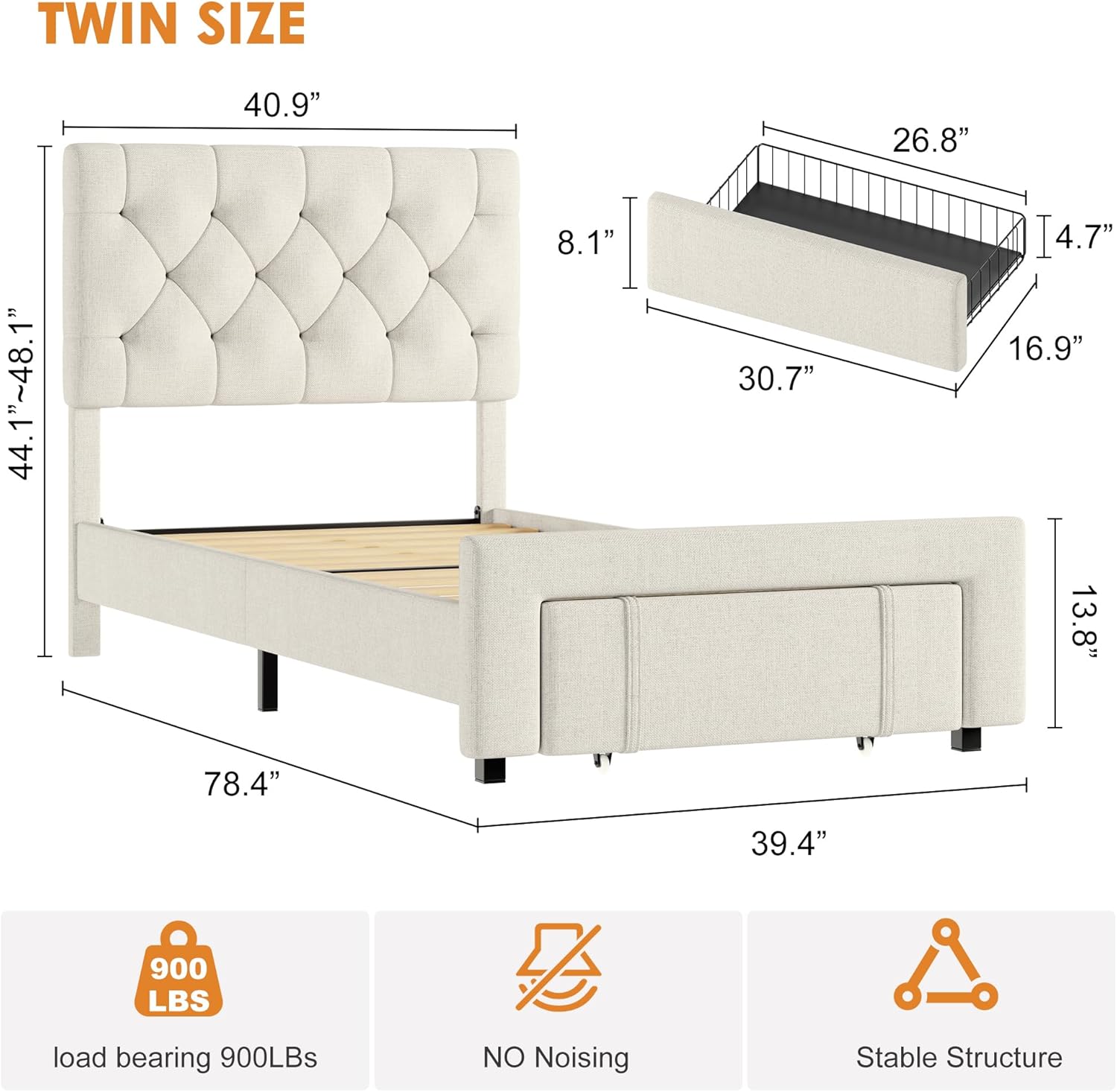 Garvee Spacious Storage Drawers Upholstered Platform Bed Frame - Twin Size - Sturdy-color -> Sturdy Wooden Slats - Sturdy Mattress Foundation - Easy Assembly - No Box Spring Needed - Offwhite -> Light Beige - TWIN Offwhite -> Light Beige