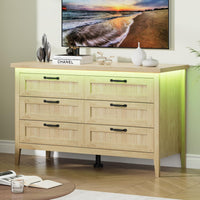 Garvee 6 Drawer Dresser with Power Outlet, Natural Dresser with LED Light, Modern Chest of Drawers for Closet, Double Wide Drawer Organizer Cabinet for Bedroom, Living Room