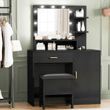 Garvee Vanity Desk, Makeup Vanity Desk with Mirror & Lights-3 Lighting Modes, Large Drawers and Three Level Storage & Tiers of Open Shelves for Bedroom, Black - Black