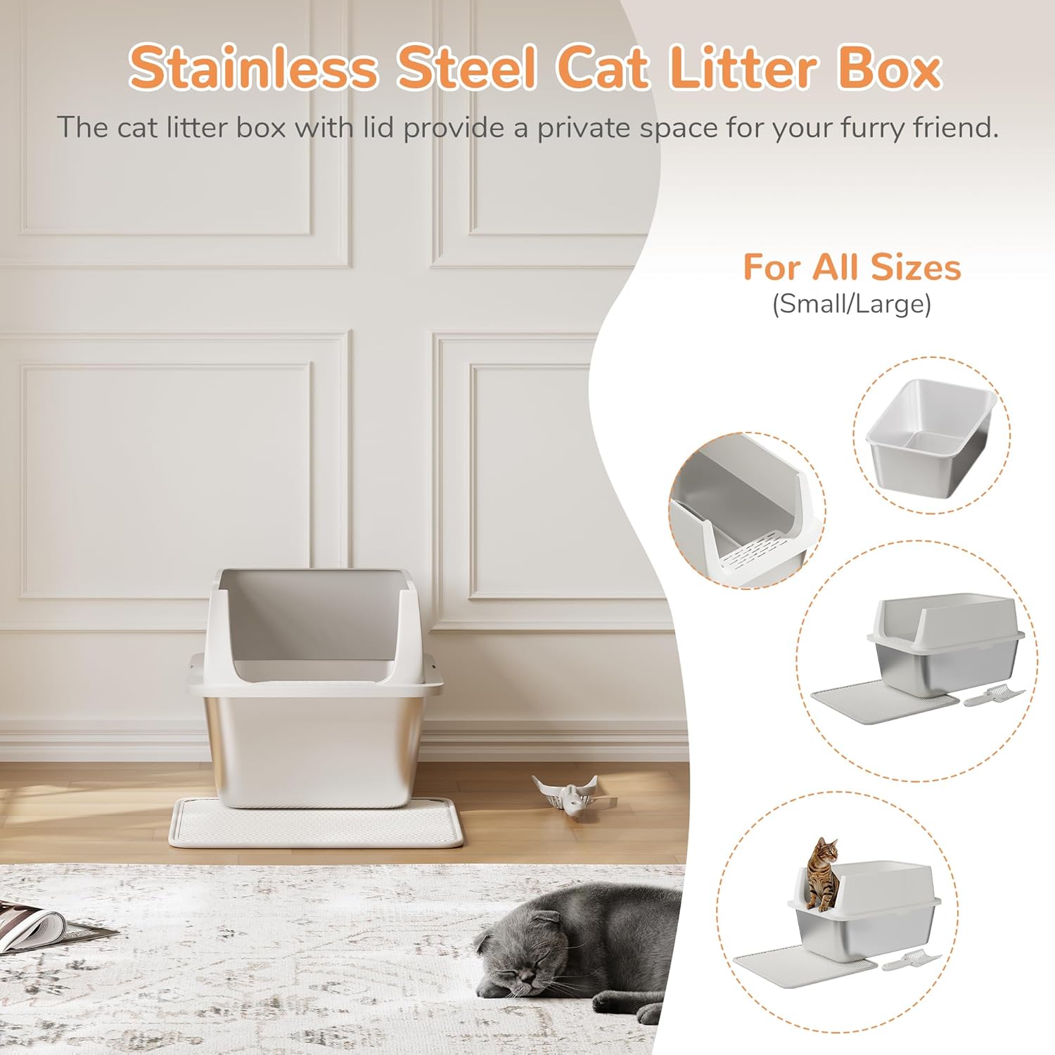 Garvee Extra Large Stainless Steel Litter Box, XLarge Open Cat Litter Box with High Sided Enclosure & Scoop & Litter Mat, Odor Free, Anti-Leakage, Metal Cat Box for Big Cats, 14"H