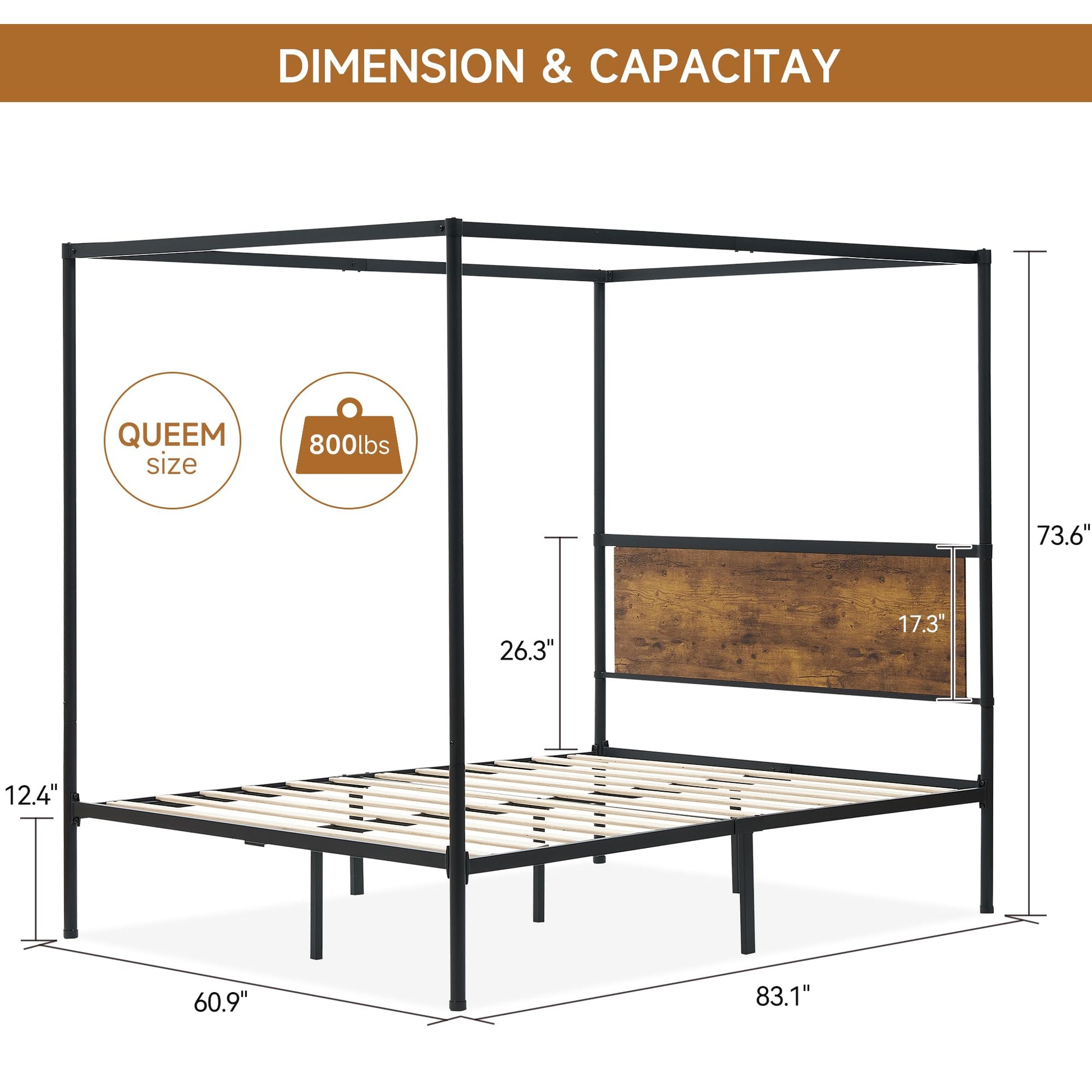 Garvee Queen Canopy Bed Frame, Industrial Metal Four-Poster with Headboard, Wooden Slats, Storage, No Box Spring, Easy Assembly