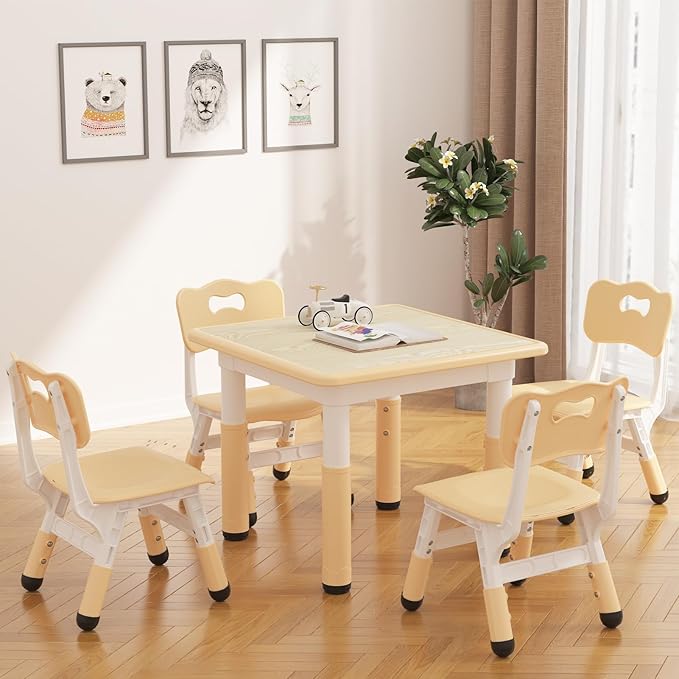Garvee Kids Table and 4 Chairs Set with Graffiti Desktop, Height Adjustable Toddler Table and Chairs Set, 4 in 1 Activity Table Play Table for Reading, Drawing, Playing, Eating,Beige