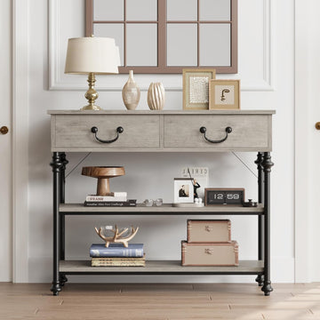 Garvee Console Table with Drawers, Narrow Entryway Table, MDF Wood & Metal, 3-Tier Storage, Adjustable Footpads, Rustic Gray, Living Room, Foyer