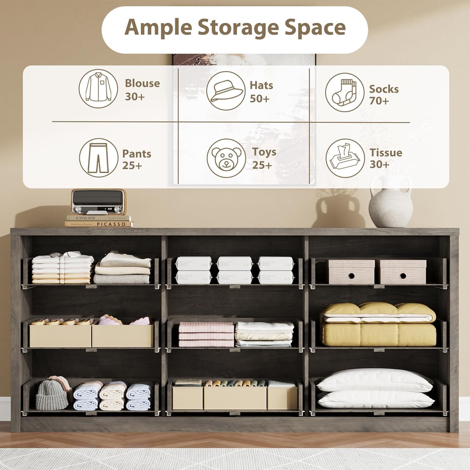 Garvee 9 Drawer Dresser for Bedroom, Wide Modern Chest of Drawers, Large Wood Dresser Wooden Storage Organizer for Living Room, Hallway Entryway, Gray