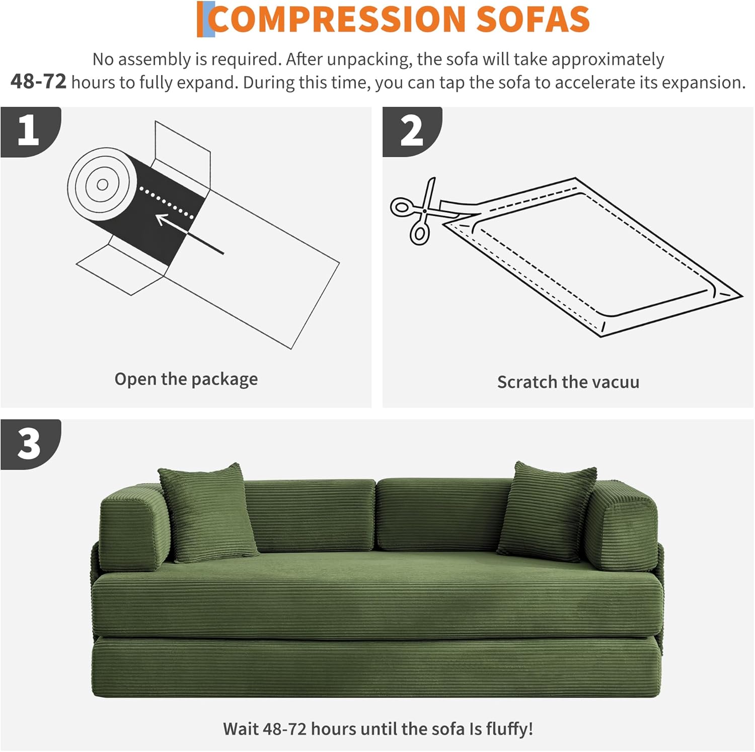 Garvee Convertible Sleeper Sofa Bed, 78.8" Floor Sofa Bed, 5-in-1 Folding Mattress Couch Loveseat with Fixed-Shape Frame, Pillow, Corduroy Fabric for Living Room Bedroom Lounge, Green