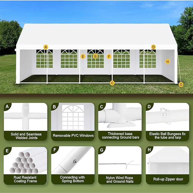 Garvee 16 x 32 FT Outdoor Party Tent Canopy Wedding Patio Camping Gazebo Shelter Pavilion Cater Wedding BBQ Events Tent w/Removable Sidewalls & 3 Storage Bags, White