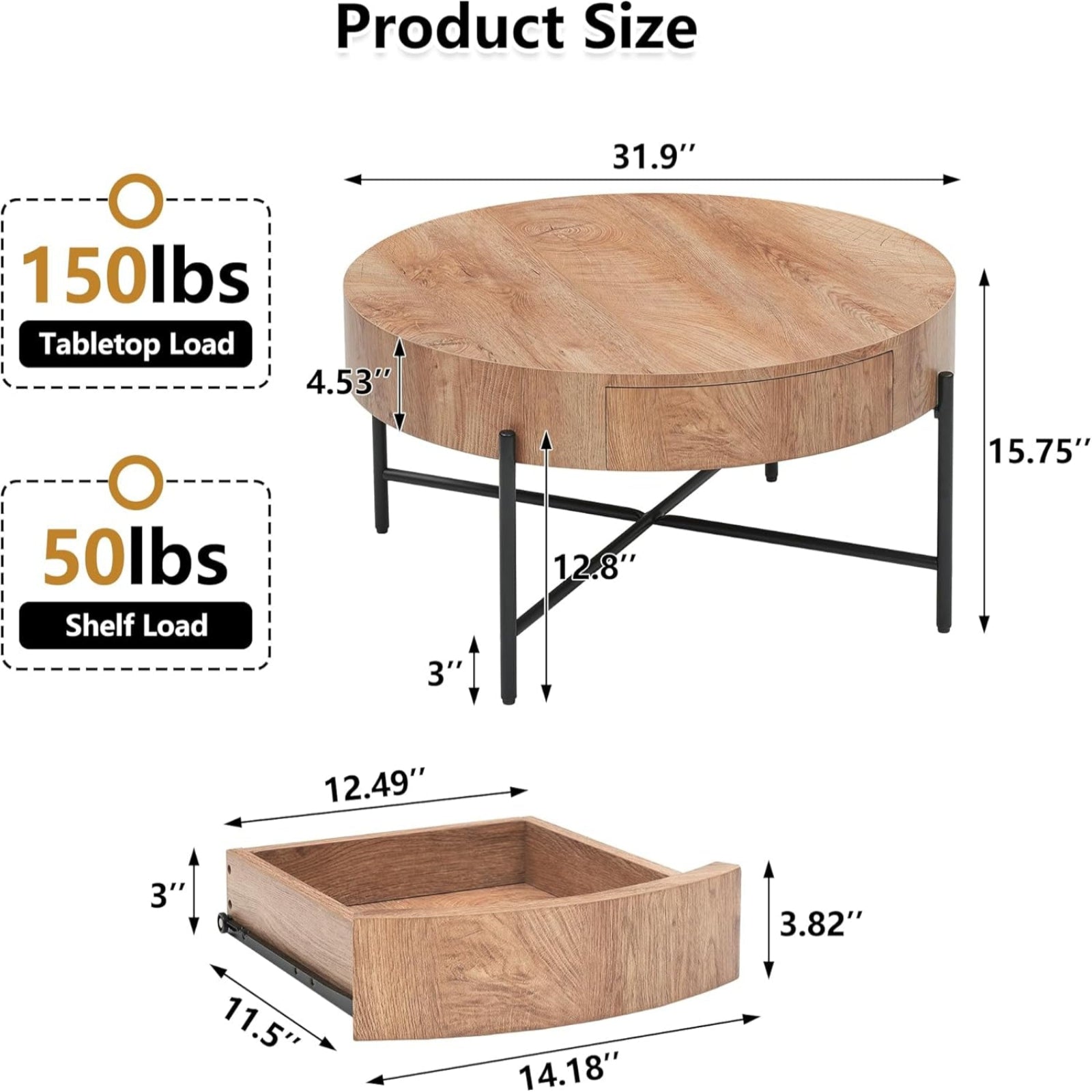 Garvee Farmhouse Round Coffee Table with Two Drawers, Living Room Wood Center Table with Metal Legs, Vintage Style, Easy Assembly, Brown