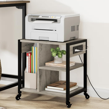 Garvee Printer Stand with Charging Station, Home Office Desktop Printer Stand with Storage, Under Desk Printer Table, 3 Tier Heavy Duty Rolling Printer Cart with Wheels for Small Space, Grey