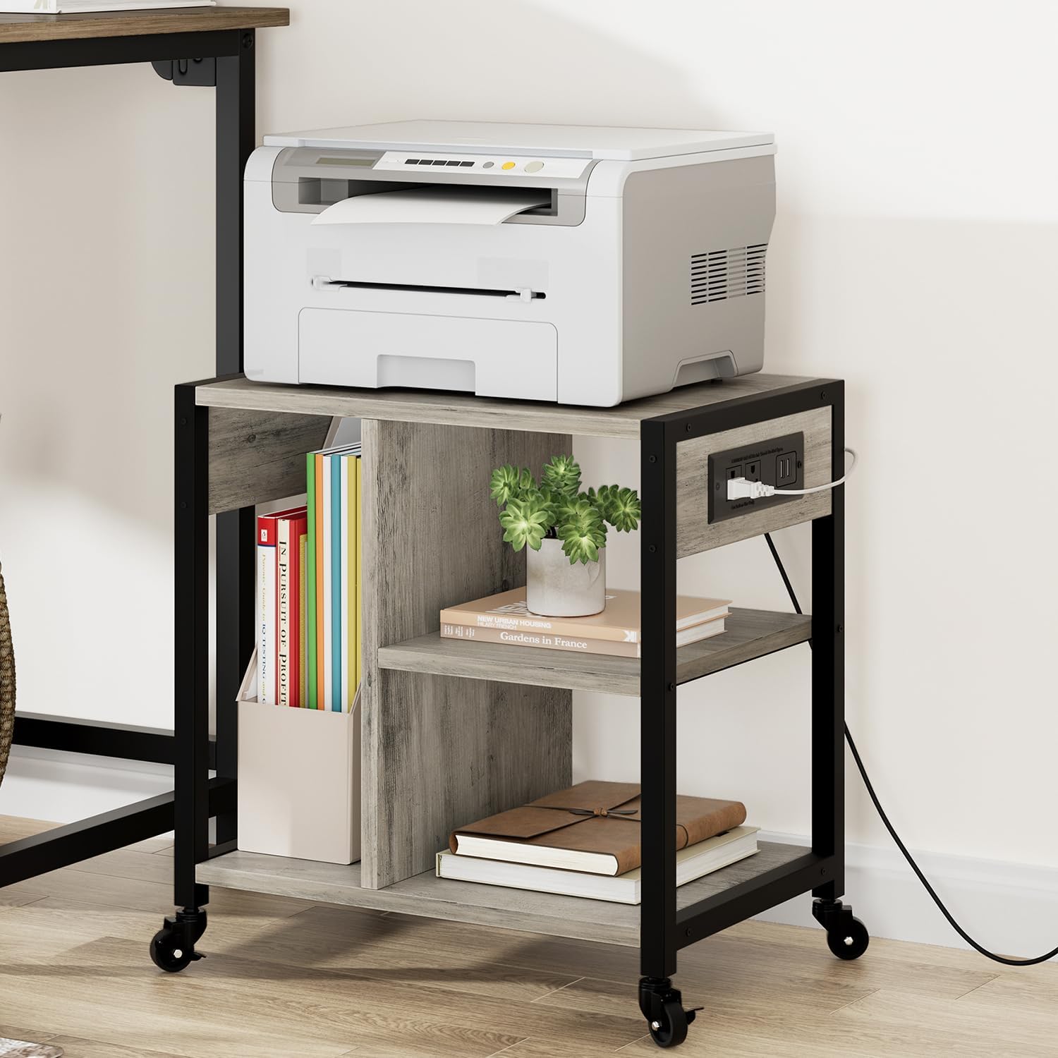 Garvee Printer Stand with Charging Station, Home Office Desktop Printer Stand with Storage, Under Desk Printer Table, 3 Tier Heavy Duty Rolling Printer Cart with Wheels for Small Space, Grey