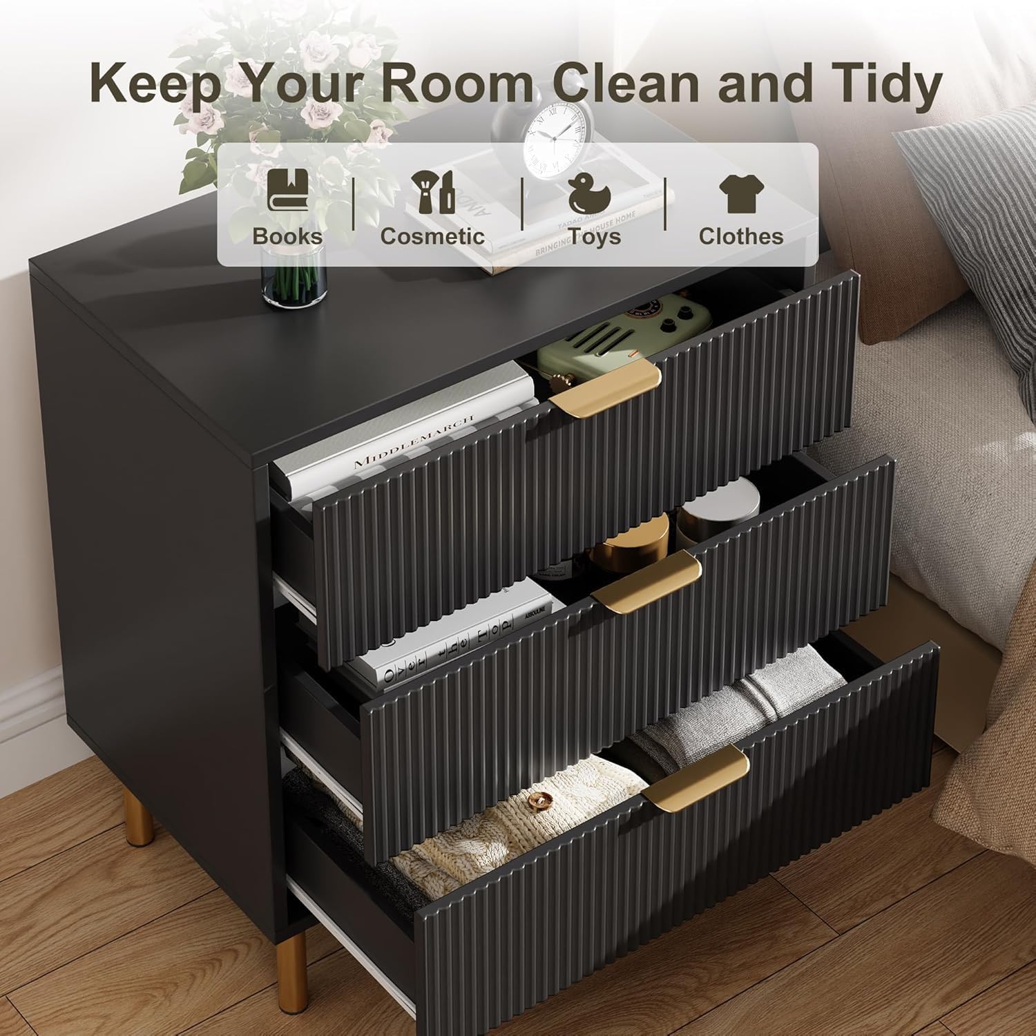 Garvee 3 Drawer Dresser for Bedroom, Modern Wooden Storage Chest with Gold Metal Handles, Anti-Tipping Design, Large Nightstand Organizer for Entryway, Hallway, Living Room, Black