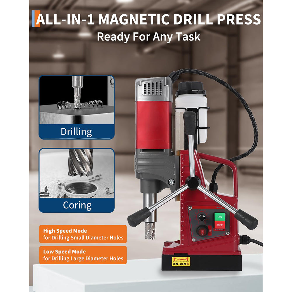 Garvee Portable Magnetic Drill Press Kit - 2" Boring Diameter, 1550W, 10-Speed Mag Drill, 820 RPM, 14,000N Magnetic Force, Double Dovetail Guide with Adapter & Bits for Steel and Metal Drilling