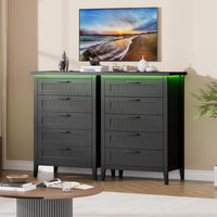Garvee 5 Drawer Dresser for Bedroom with Charging Station and LED Lights, Farmhouse 44.9" Tall Chest of Dresser with Large Storage for Living Room, Hallway & Entryway, Black
