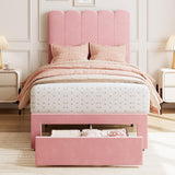 Garvee Twin Bed Frame With Under-bed Drawer, Pink Velvet Upholstered Platform Bed with Wave Headboard for Kids / Girls, Wooden Slats Support, No Box Spring Needed, Pink - Velvet|Pink