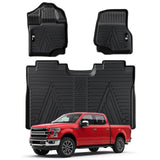 Garvee 2 TPE 3D Floor Mats for 2015-2024 Ford F-150 SuperCrew Cab, Custom Fit, All Weather, Durable, Raised Edge, Non-Slip, Black - 
