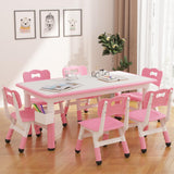 Garvee Kids Table and 6 Chairs Set, Height Adjustable Toddler Table and Chair Set, Graffiti Desktop, Children Multi-Activity Table for 6, Kids Study Table for Home Daycare Preschool for Ages 2-10 - Pink - Pink