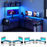 Garvee L Shaped Gaming Desk, Reversible Computer Desk with LED Lights & Power Outlets, Corner Desk with Shelves, Storage Bag, Monitor Stand, Home Office Desk Writing Desk - Pink
