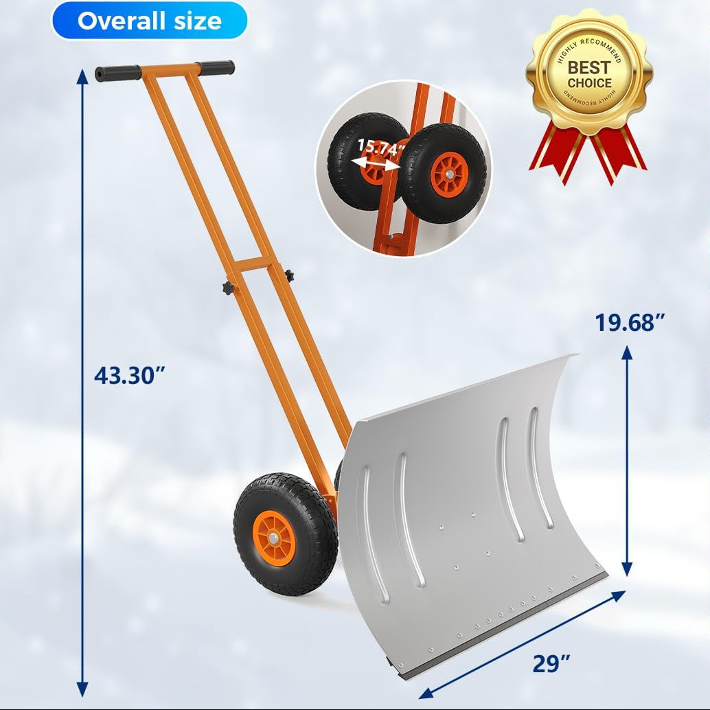 Garvee 29"W X 19.68"H Snow Pusher Shovel with Wheels,Heavy Duty Steel Snow Shovel with Wheels,Angled Blade Efficient Snow Removal With5-Position Angled Blade & Adjustable Handle for Doorway, Sidewalk,Sliver