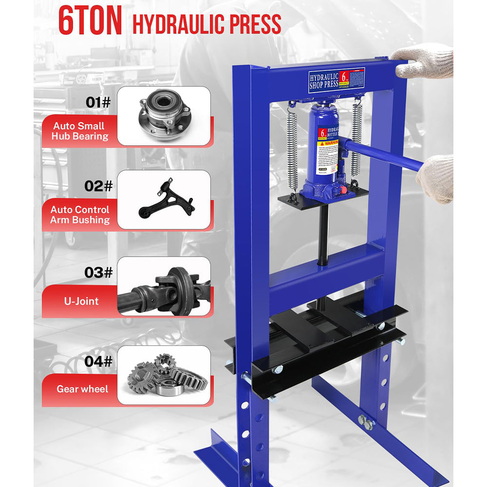 Garvee 6-Ton Hydraulic H-Frame Shop Press - 4-Hole Adjustable Height Table with Movable Plates for Garage and Professional Use, Blue