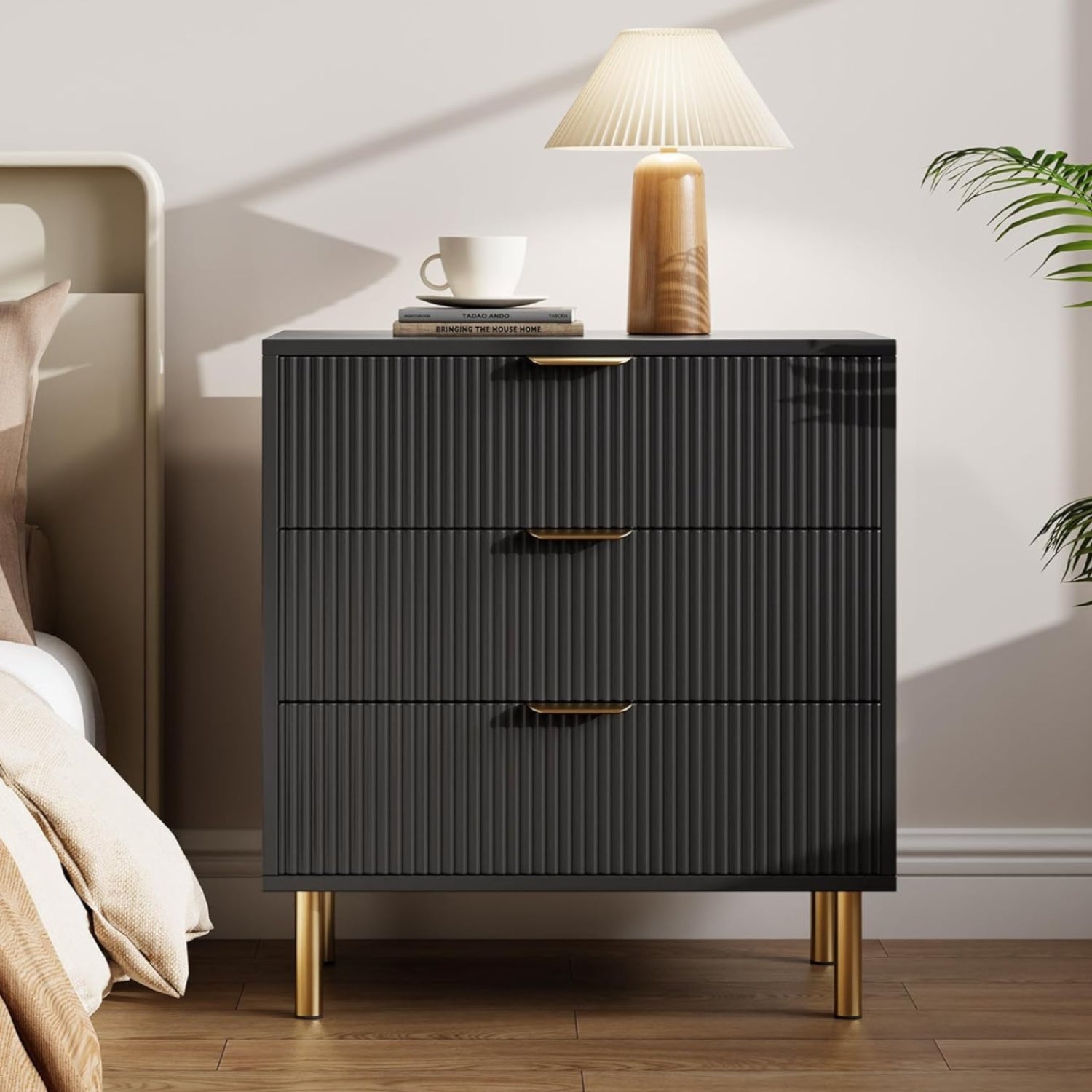 Garvee 3 Drawer Dresser for Bedroom, Modern Wooden Storage Chest with Gold Metal Handles, Anti-Tipping Design, Large Nightstand Organizer for Entryway, Hallway, Living Room, Black