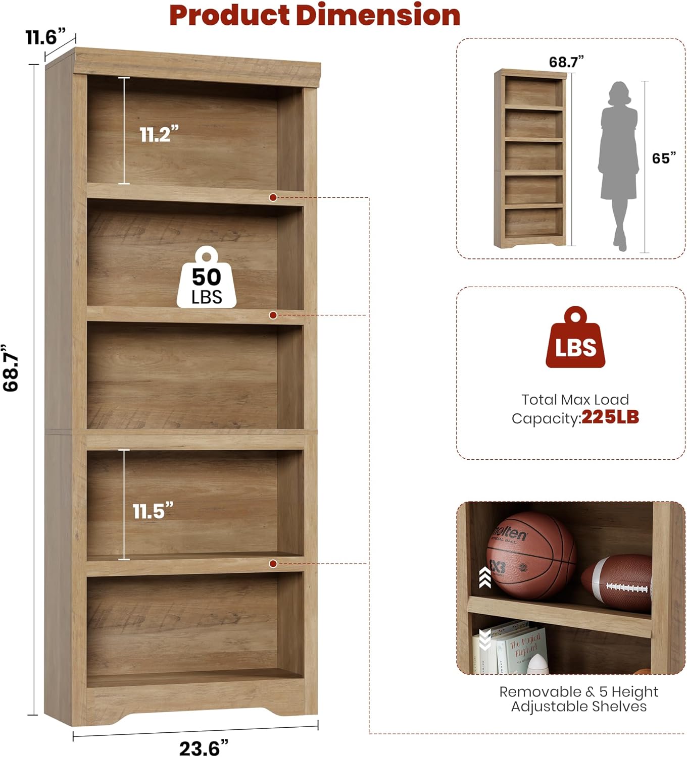 Garvee 5 Tier Bookshelf, 69" Tall Farmhouse Bookcase with Adjustable Shelves, 23.6" W Floor Standing Open Display Storage Rack with Anti-Slip Design for Home Office, Balcony, Library, Study / Living Room, Brown