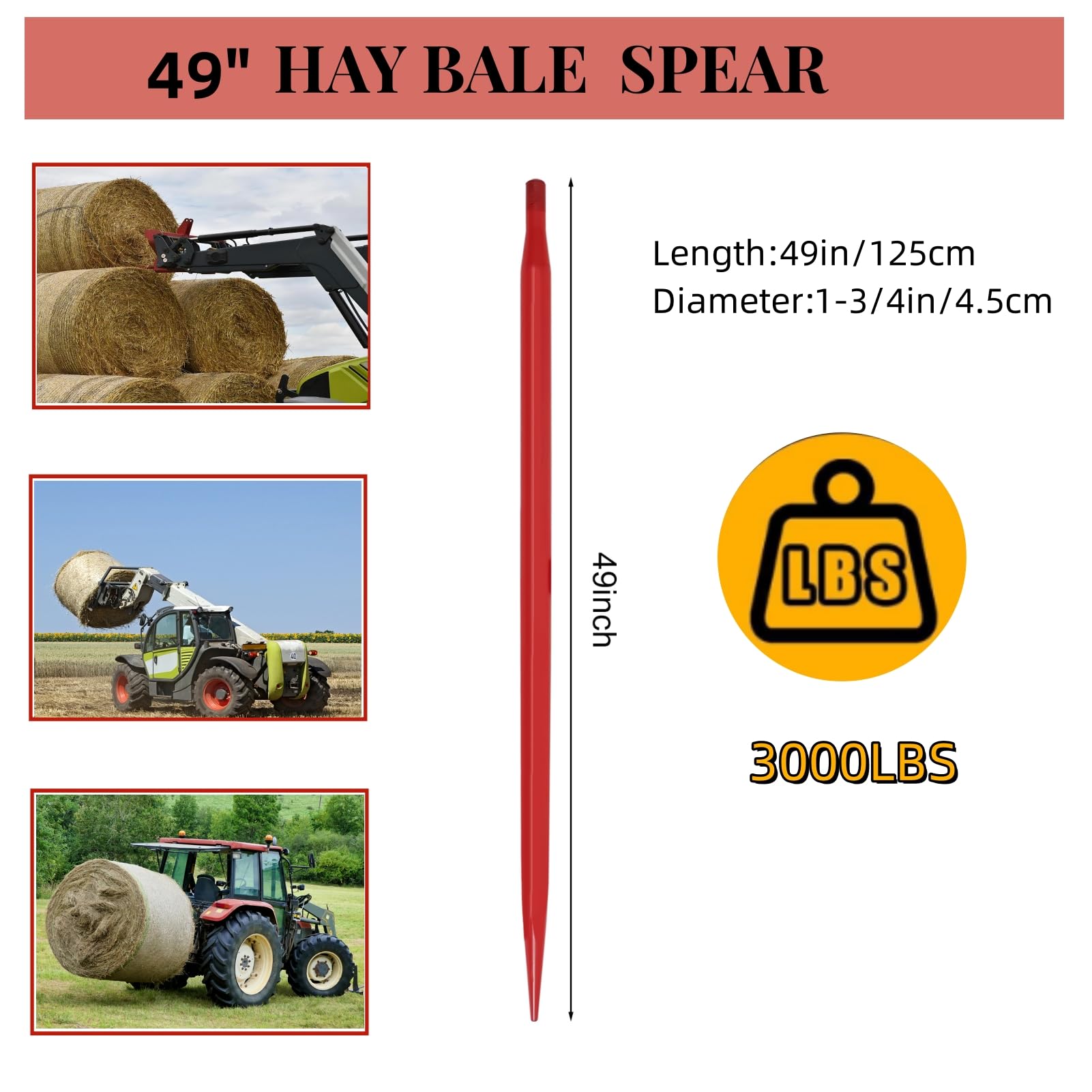 Garvee 49 Inch Bale Spear 3000 lbs Capacity Hay Red Coated Bale Forks