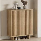 Garvee 31.6 Inch Shoe Cabinet with Fluted Door, 5-Tier Storage, Adjustable Shelves, Rustic Entryway Bench, Hallway, Natural - Natural