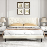 Garvee Queen Bed Frame, Velvet Platform Queen Bed with Wingback Headboard, Upholstered Bed Frame, Solid Wooden Slats Support, No Box Spring Needed, Beige - Beige