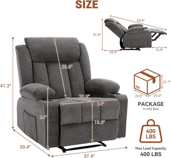 Garvee Recliner Chair 24" Seat Width, Manual Reclining Sofa with Massage and Heat, Comfy Overstuffed Rocking Chair with Side Pockets, Front Pockets and Cup Holder for Living Room, Gray