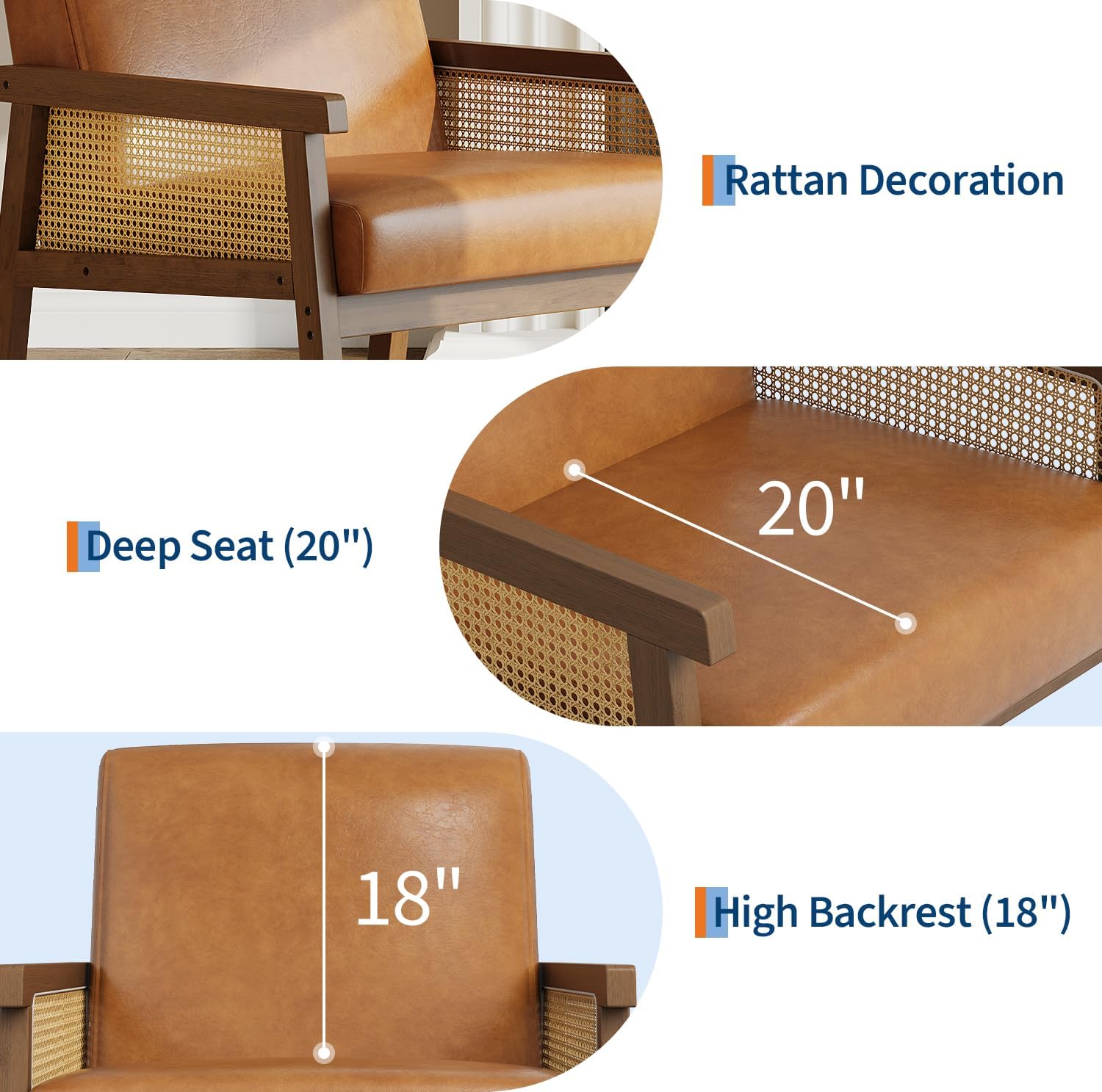 Garvee Mid Century Modern Accent Chair, PU Leather Living Room Chair with Sturdy Wood Legs, Thickened Seat Cushion and PE Rattan Woven Decoration, Armchair for Bedroom, Reading Room, Orange