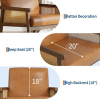 Garvee Mid Century Modern Accent Chair, PU Leather Living Room Chair with Sturdy Wood Legs, Thickened Seat Cushion and PE Rattan Woven Decoration, Armchair for Bedroom, Reading Room, Orange