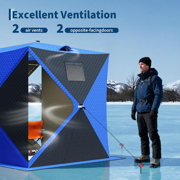 Garvee Pop Up Ice Fishing Tent 49ft LED Light Strip Insulated Waterproof Windproof Blue+Black 25 sq ft Fishable Area 2-3 Person Winter Fishing