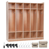 Garvee 5-Section Classroom Coat Locker, 10 Cubbies for Classrooms, Daycare Cubby with 4 Casters, 5 Hooks and 2 Storage Boxes, for Home, School, Kindergarten - Wood Color