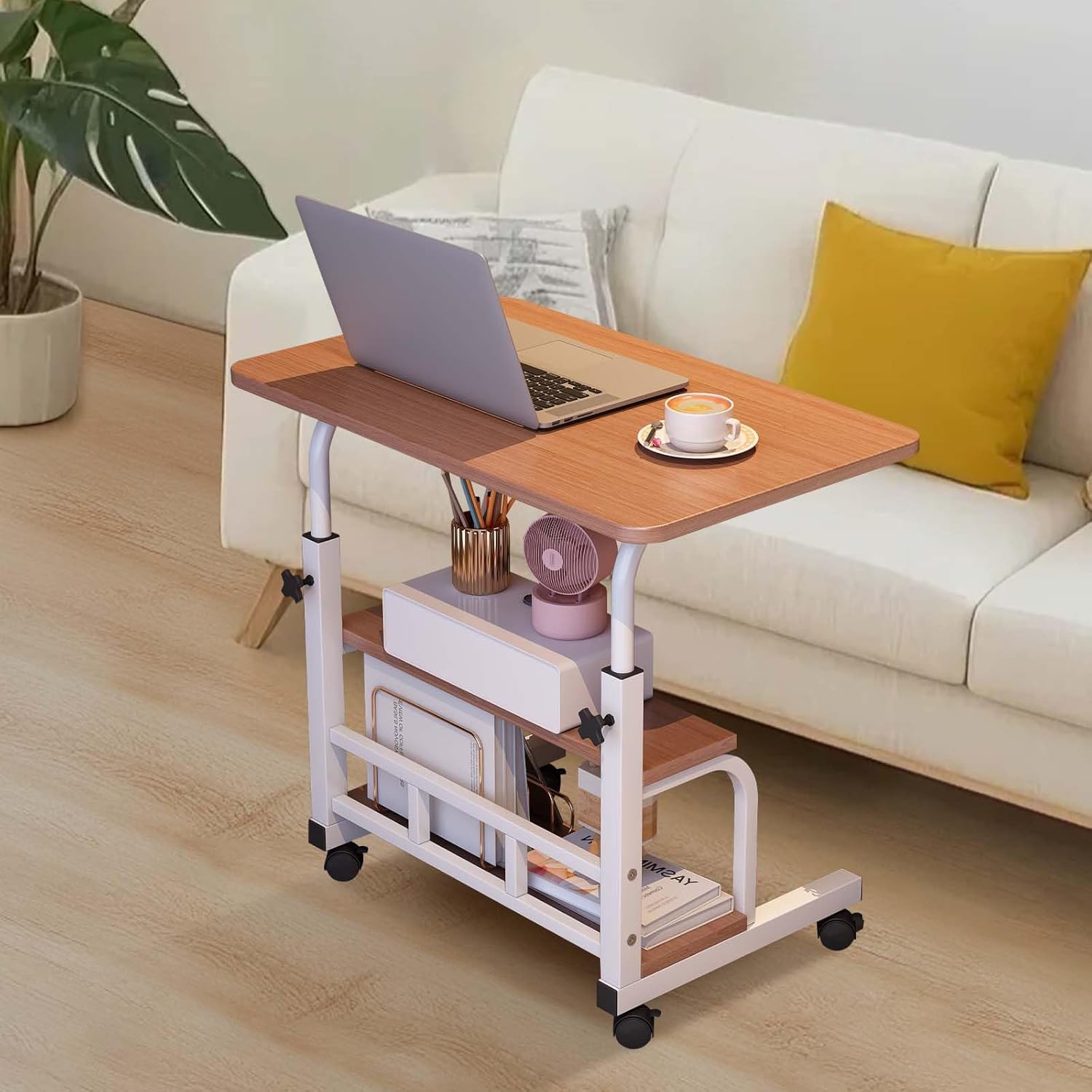 Garvee Adjustable Height Mobile Standing Desk, Portable Bedside Desk with Storage Shelves, Compact Laptop Desk for Home Office, Study, Small Spaces, Bedroom, Brown, 23.6"x15.7"