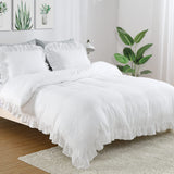 Garvee White Ruffle Duvet Cover Queen Size, 3PCS Soft Washed Microfiber Vintage French Country Duvet Cover Set for Queen Bed, White, 90x90" - White