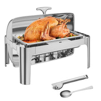 Garvee 9QT(1x1/1 Pan)Stainless Steel Roll Top Chafing Dish ,Stainless Steel Chafing Dish Set Equipped with Full Size Pan Chafer for Wedding,Parties,Banquet,Catering Event,1 Pack