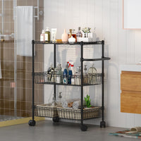 Garvee 3 Tier Rolling Cart, Metal Kitchen Cart On Wheels with Baskets, Wire Shelving Rolling Snack Storage Cart Utility Trolley with Handles for Kitchen Bathroom Office Laundry, Black