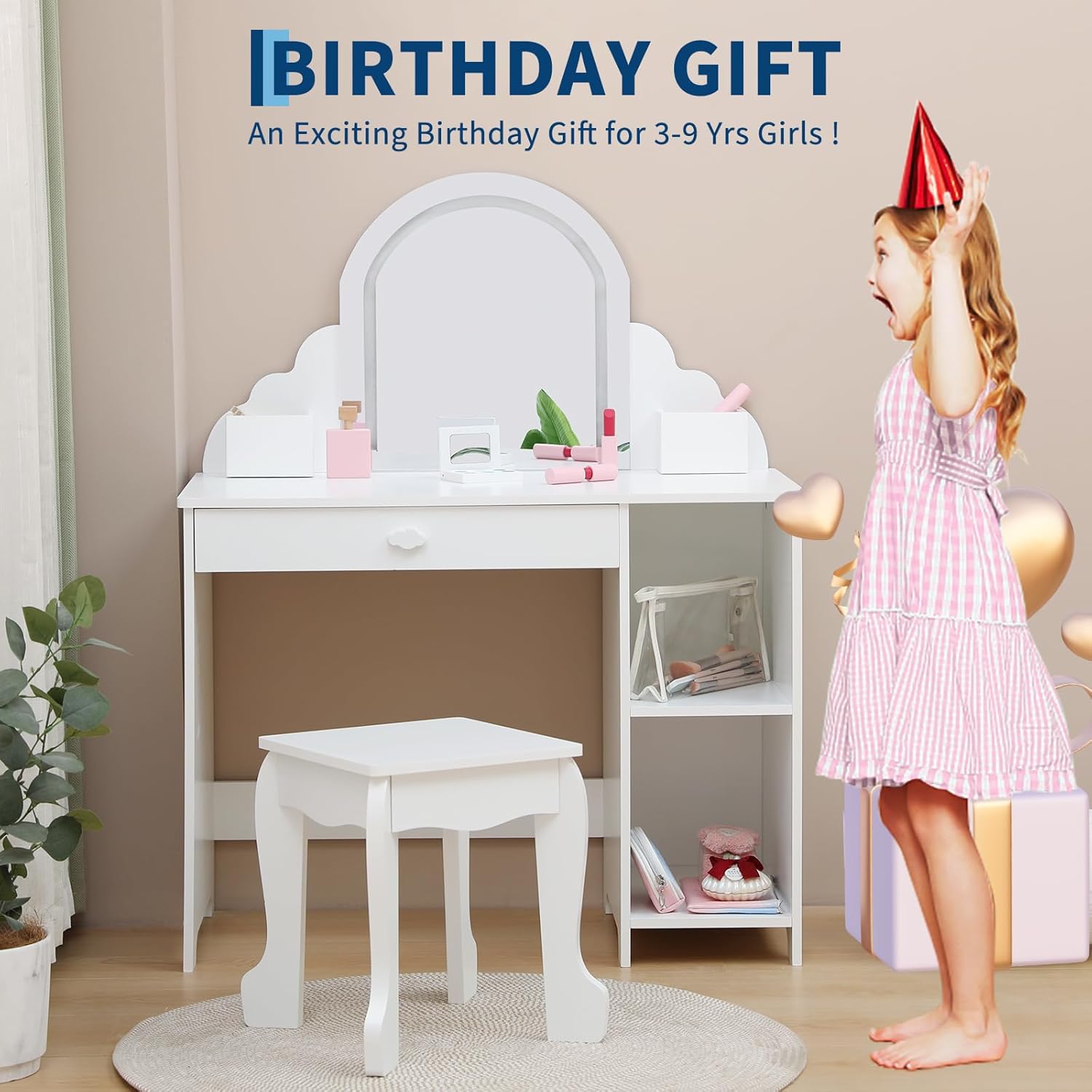 Garvee Kids Vanity with Lighted Mirror & Stool, 2 In 1 Little Girls Vanity and Wooden Makeup Playset with Adjustable LED Light, Storage Drawer & Shelves for Girls 3-9, White