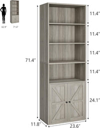 Garvee Industrial Bookshelf Bookcase with Doors & 11.8in Depth Display Storage Shelves, 71.4in Tall Farmhouse Bookcases Wooden 6 Shelf Bookshelvels for Bedroom, Living Room, Home Office, Gray