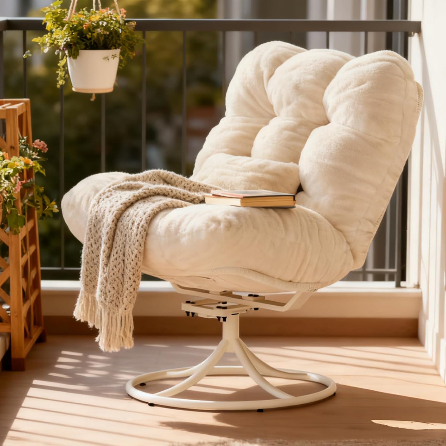 Garvee Oversize 360° Swivel Plush Lounge Chair with Metal Rocking Base, Winter Rattan Rocking Papasan Chair with 6.3" Comfy Deep Seat Thick Cushion for Indoor/Outdoor, Beige