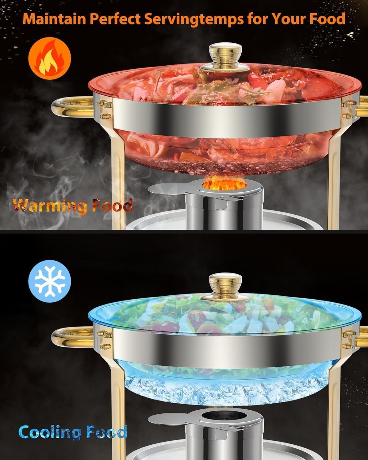Garvee Durable Gold Stainless Steel Chafing Dish Set – 4 Pack 5QT Round Commercial Buffet Food Warmer with Lid Holder, Spoon & Tweezers – High-quality Catering Equipment for Events, Parties, Weddings – Easy to Clean – Specs: 2x2