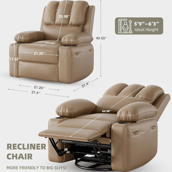 Garvee 22" Massage Recliner Chair for Adults, Lounge Recliner with Vibrating Massage, PU Leather Recliner with Cup Holders and Side Pockets, for Living Room, Bedroom, and Nursery, Tan