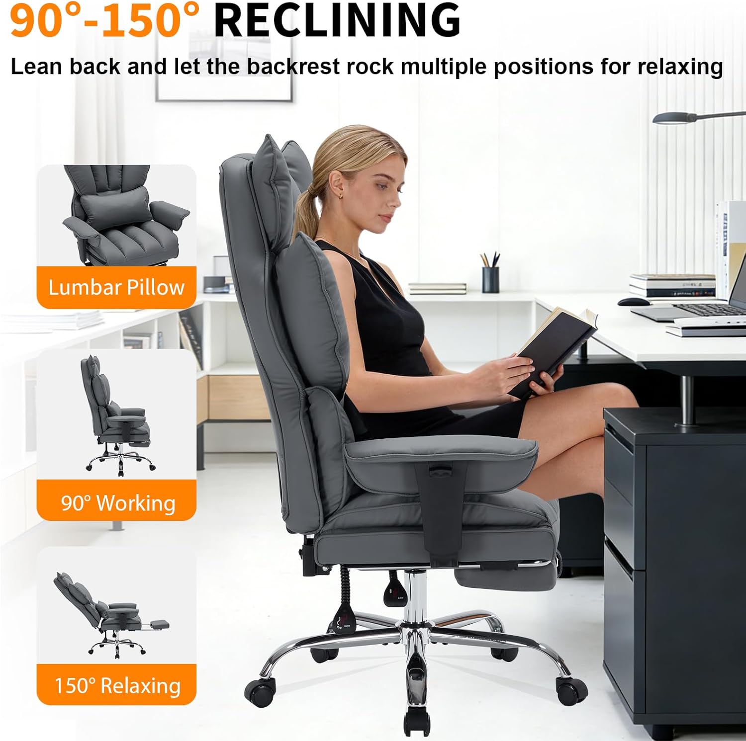 Garvee Ergonomic High-Back Executive Office Chair with Footrest, Padded Adjustable Armrest, Big and Tall Computer Gaming Desk Chair, 400 LBS Capacity, for Heavy People, Long Hours, Gray