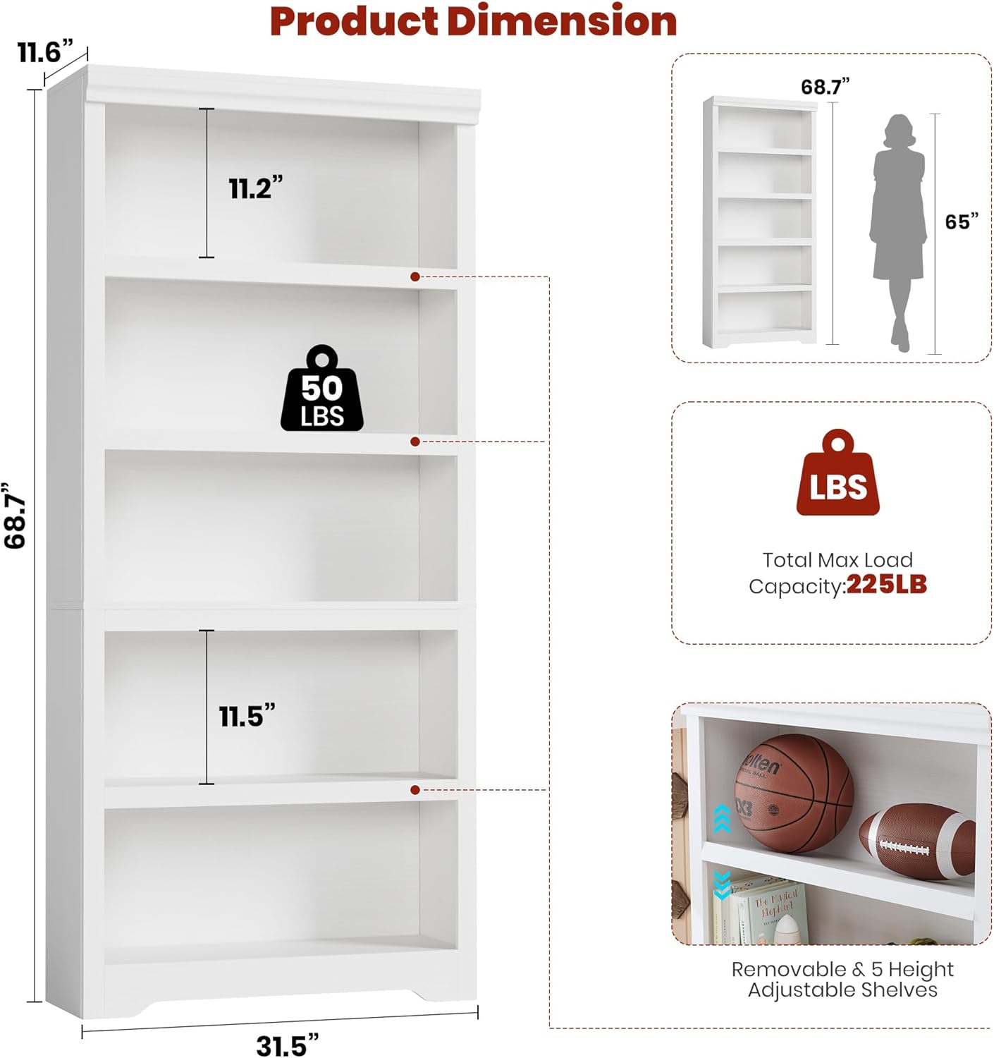 Garvee 5 Tier Bookshelf, 69" Tall Farmhouse Bookcase with Adjustable Shelves, 31.5" W Floor Standing Open Display Storage Rack with Anti-Slip Design for Home Office, Balcony, Library, Study / Living Room, White
