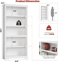Garvee 5 Tier Bookshelf, 69" Tall Farmhouse Bookcase with Adjustable Shelves, 31.5" W Floor Standing Open Display Storage Rack with Anti-Slip Design for Home Office, Balcony, Library, Study / Living Room, White