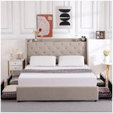 Garvee Queen Bed Frame with 4 Storage Drawers, Platform Bed with Type-C & USB Port and Charging Station, Upholstered Wingback Headboard and Storage Shelf, No Box Spring Needed, Easy Assembly - Beige